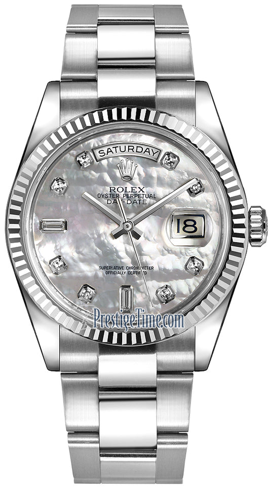 Rolex Day-Date 36mm White Gold Fluted Bezel 118239 White MOP Diamond Oyster