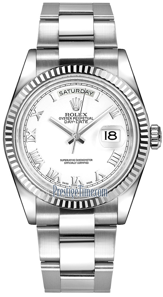 Rolex Day-Date 36mm White Gold Fluted Bezel 118239 White Roman Oyster