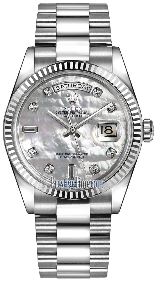 Rolex Day-Date 36mm White Gold Fluted Bezel 118239 White MOP Diamond President