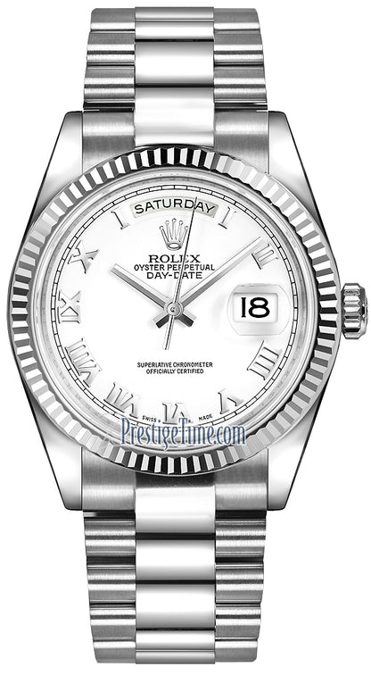 Rolex Day-Date 36mm White Gold Fluted Bezel 118239 White Roman President