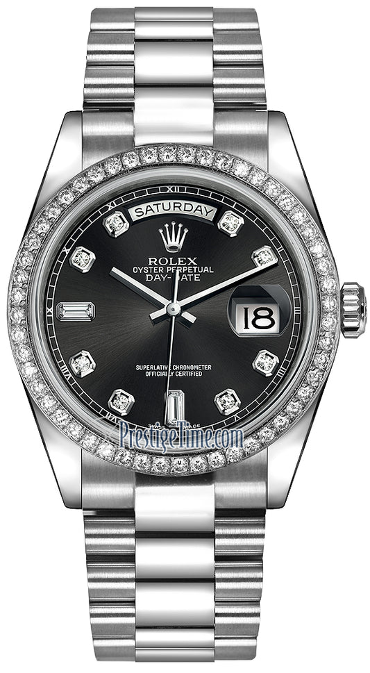 Rolex Day-Date 36mm Platinum Diamond Bezel 118346 Black Diamond President