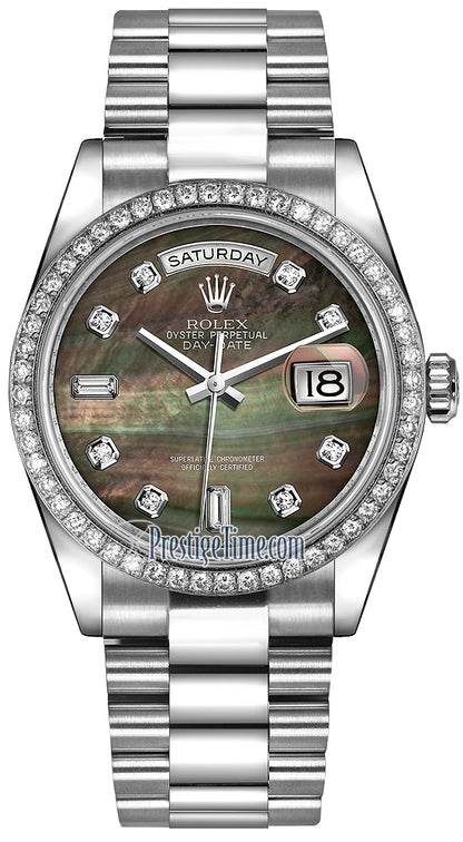 Rolex Day-Date 36mm Platinum Diamond Bezel 118346 Black MOP Diamond President