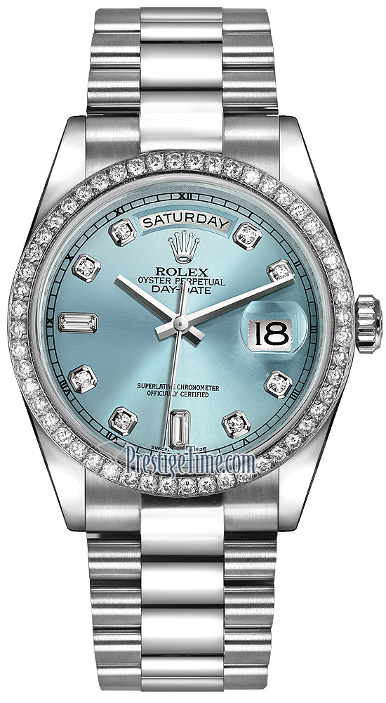 Rolex Day-Date 36mm Platinum Diamond Bezel 118346 Ice Blue Diamond President