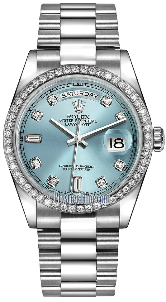 Rolex Day-Date 36mm Platinum Diamond Bezel 118346 Ice Blue Diamond President
