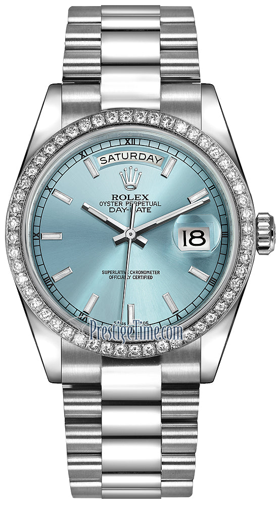 Rolex Day-Date 36mm Platinum Diamond Bezel 118346 Ice Blue Index President