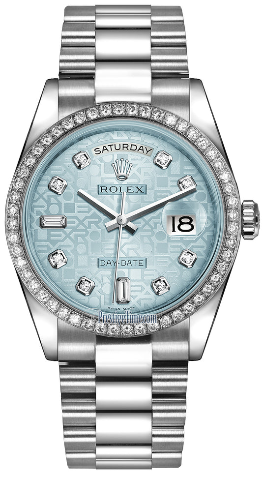 Rolex Day-Date 36mm Platinum Diamond Bezel 118346 Ice Blue Jubilee Diamond President