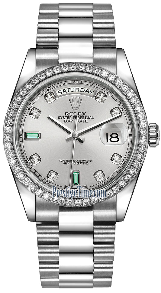 Rolex Day-Date 36mm Platinum Diamond Bezel 118346 Rhodium Diamond Emerald President