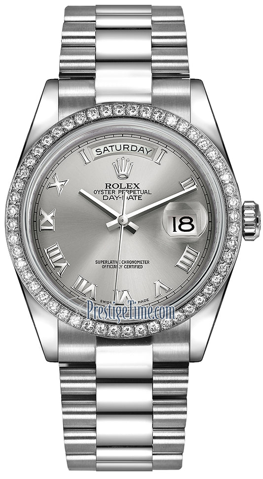 Rolex Day-Date 36mm Platinum Diamond Bezel 118346 Rhodium Roman President