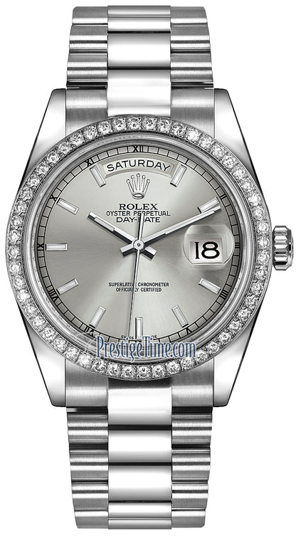 Rolex Day-Date 36mm Platinum Diamond Bezel 118346 Silver Index President