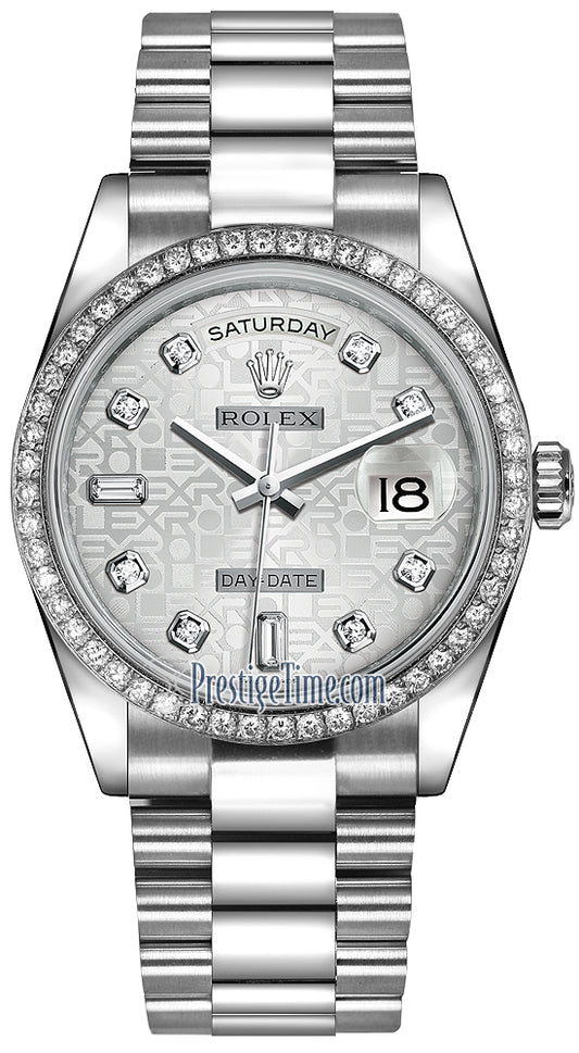 Rolex Day-Date 36mm Platinum Diamond Bezel 118346 Silver Jubilee Diamond President