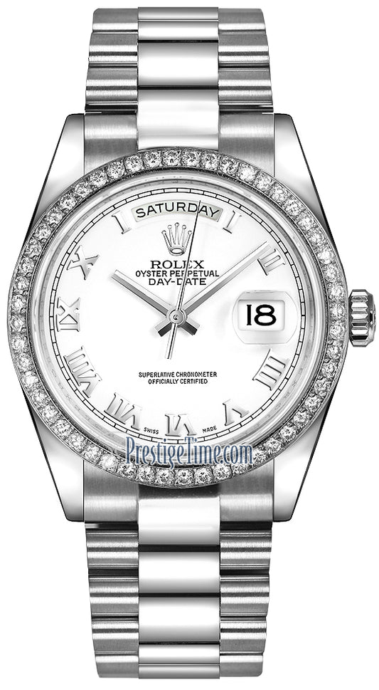 Rolex Day-Date 36mm Platinum Diamond Bezel 118346 White Roman President