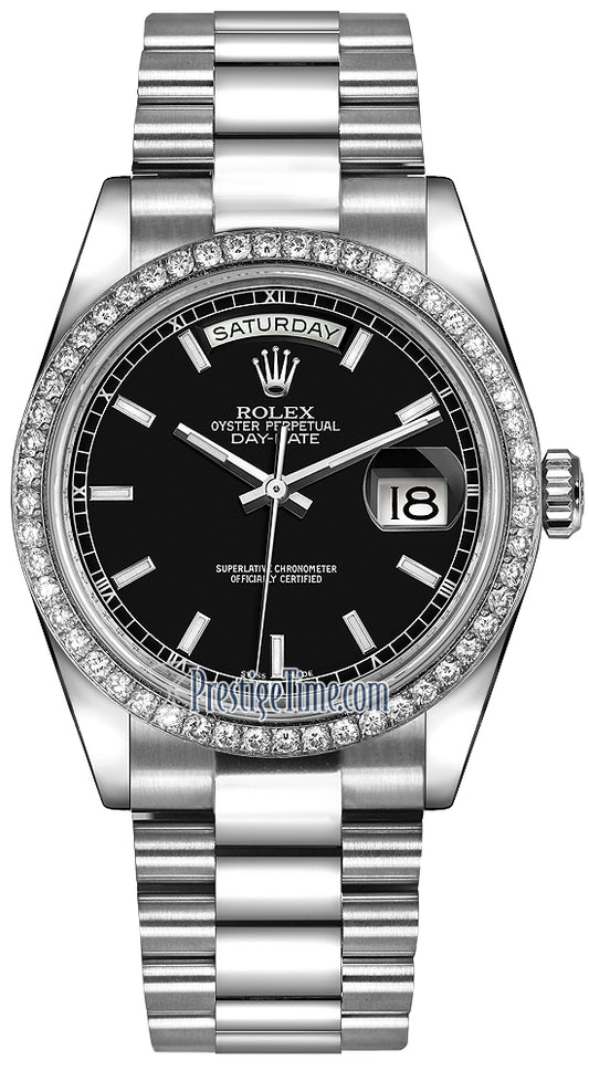 Rolex Day-Date 36mm Platinum Diamond Bezel 118346 Black Index President