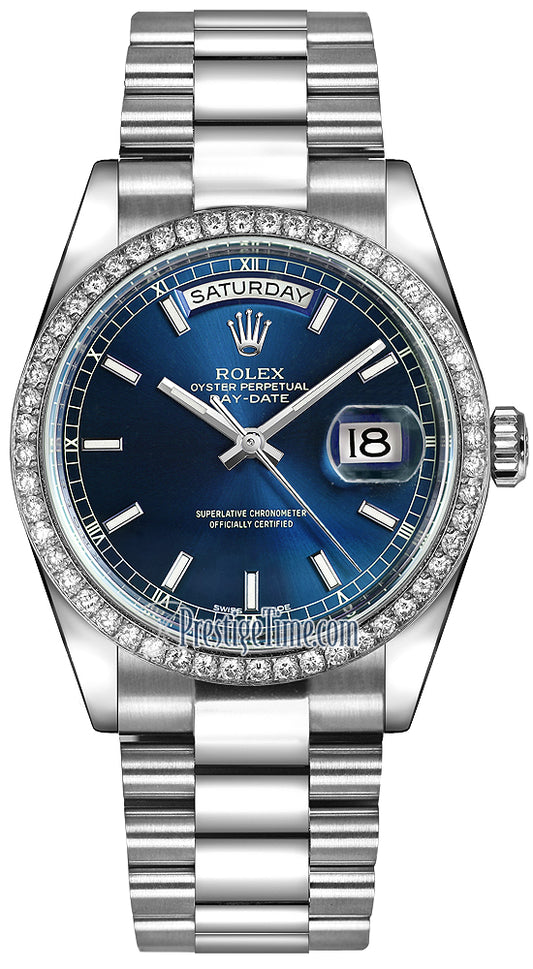 Rolex Day-Date 36mm Platinum Diamond Bezel 118346 Blue Index President