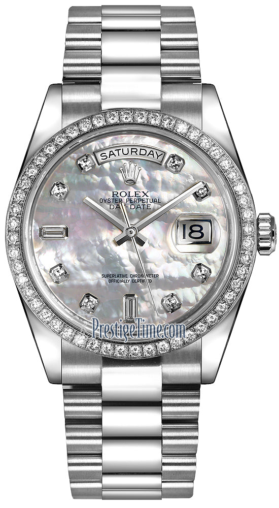 Rolex Day-Date 36mm Platinum Diamond Bezel 118346 White MOP Diamond President