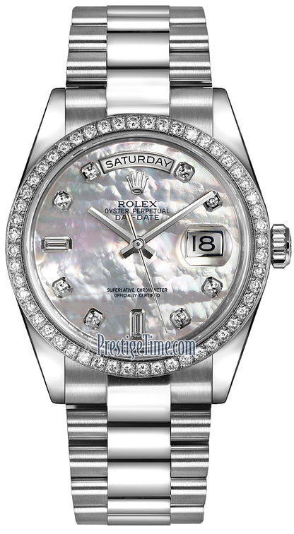Rolex Day-Date 36mm Platinum Diamond Bezel 118346 White MOP Diamond President