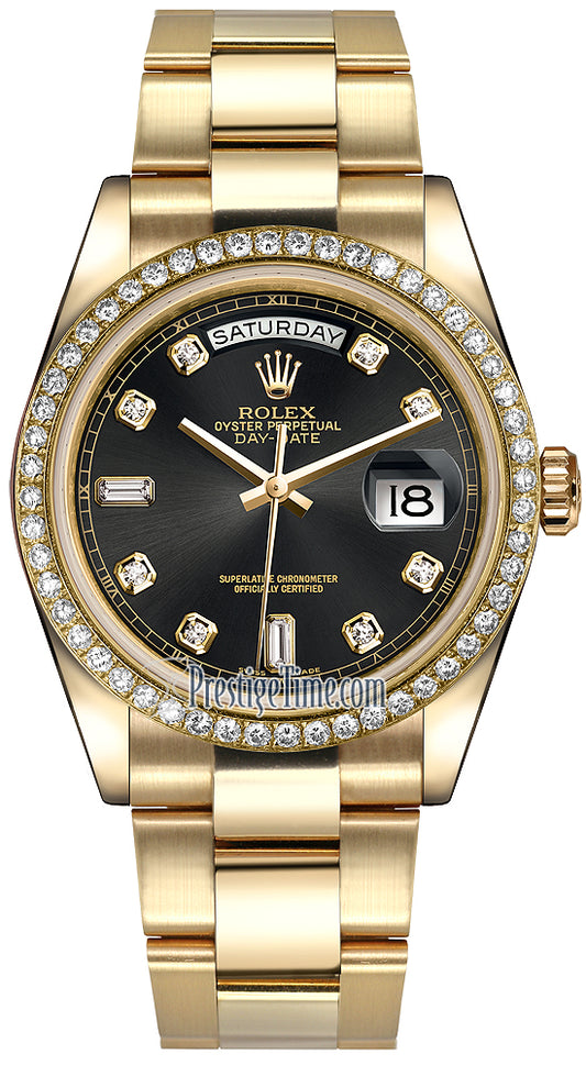 Rolex Day-Date 36mm Yellow Gold Diamond Bezel 118348 Black Diamond Oyster