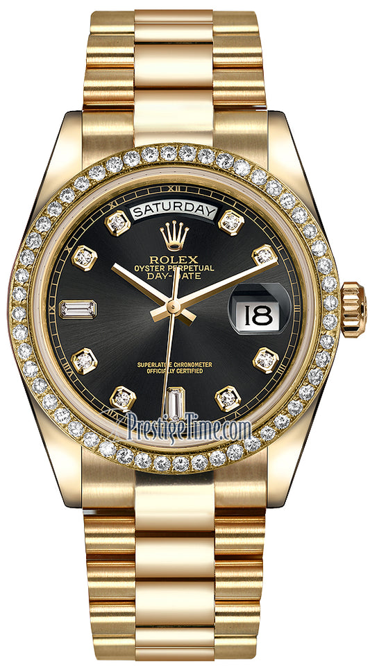 Rolex Day-Date 36mm Yellow Gold Diamond Bezel 118348 Black Diamond President