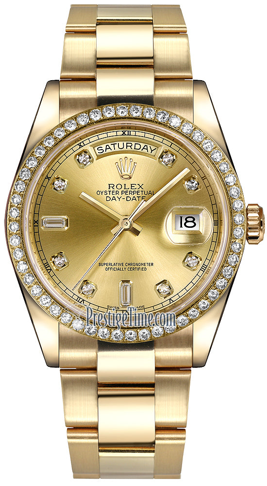 Rolex Day-Date 36mm Yellow Gold Diamond Bezel 118348 Champagne Diamond Oyster