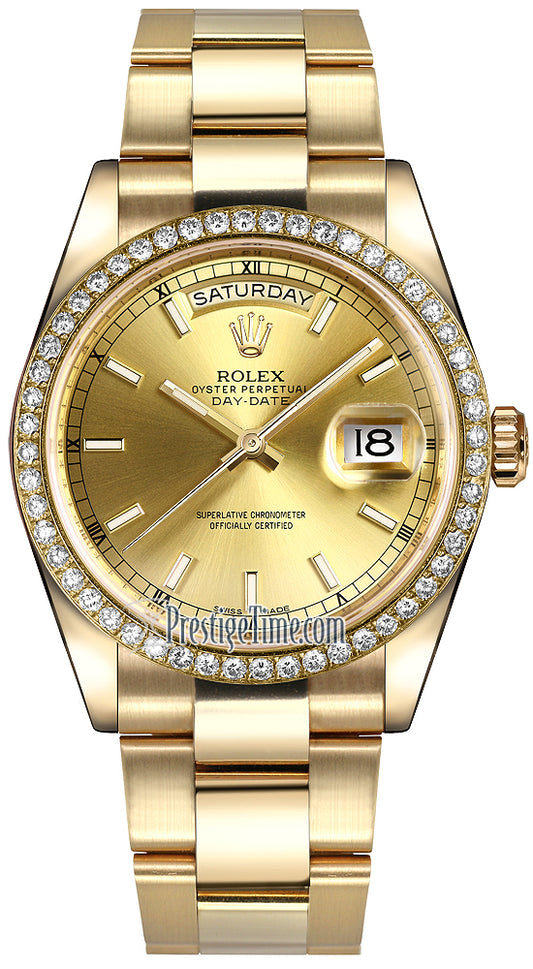 Rolex Day-Date 36mm Yellow Gold Diamond Bezel 118348 Champagne Index Oyster