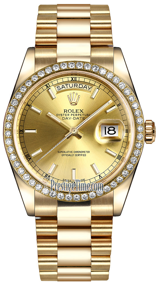 Rolex Day-Date 36mm Yellow Gold Diamond Bezel 118348 Champagne Index President