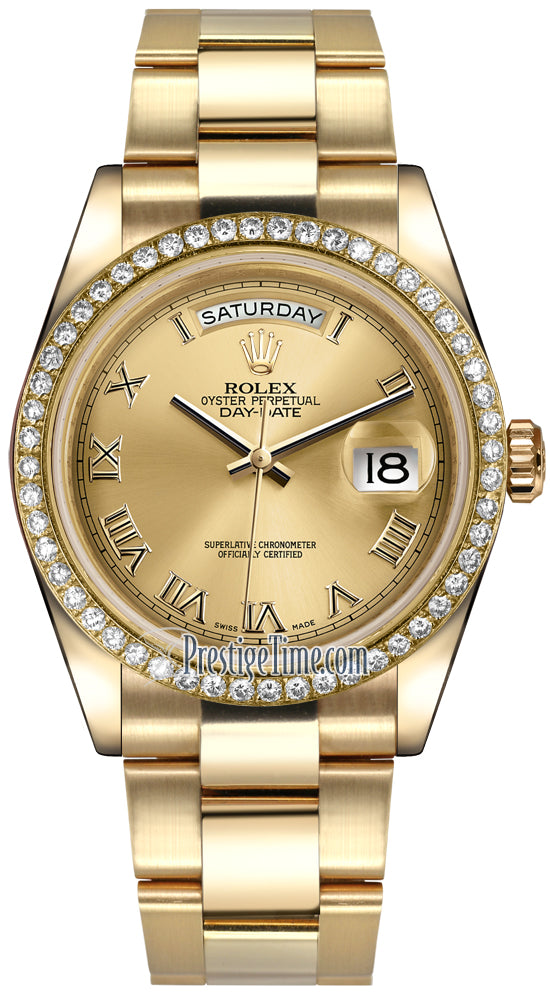 Rolex Day-Date 36mm Yellow Gold Diamond Bezel 118348 Champagne Roman Oyster