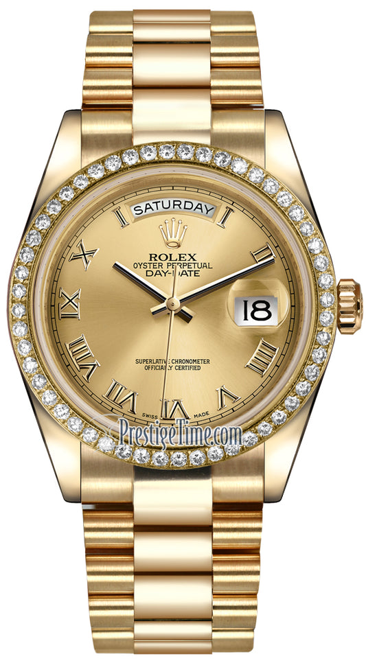 Rolex Day-Date 36mm Yellow Gold Diamond Bezel 118348 Champagne Roman President