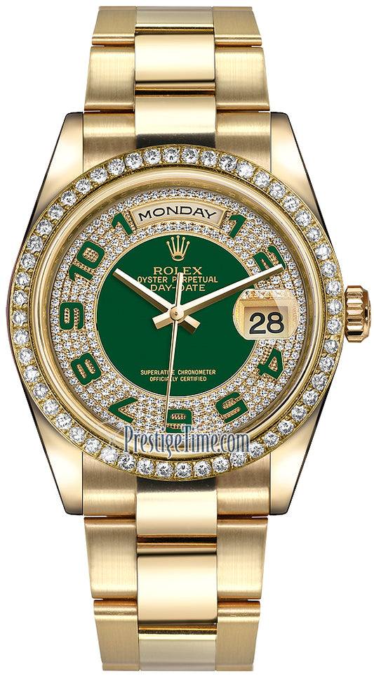 Rolex Day-Date 36mm Yellow Gold Diamond Bezel 118348 Green Pave Diamond Arabic Oyster