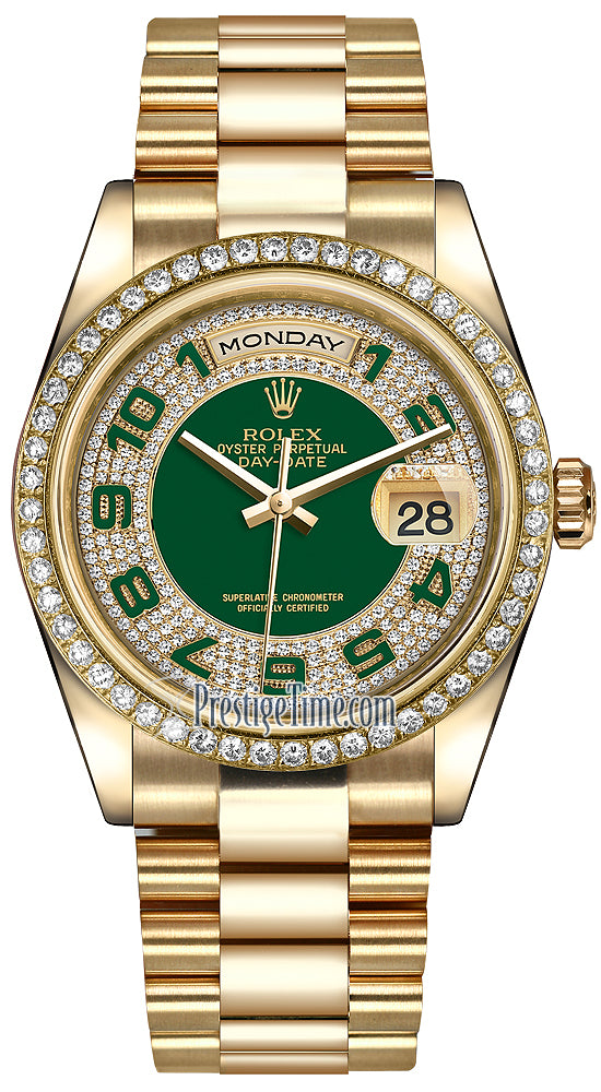 Rolex Day-Date 36mm Yellow Gold Diamond Bezel 118348 Green Pave Diamond Arabic President