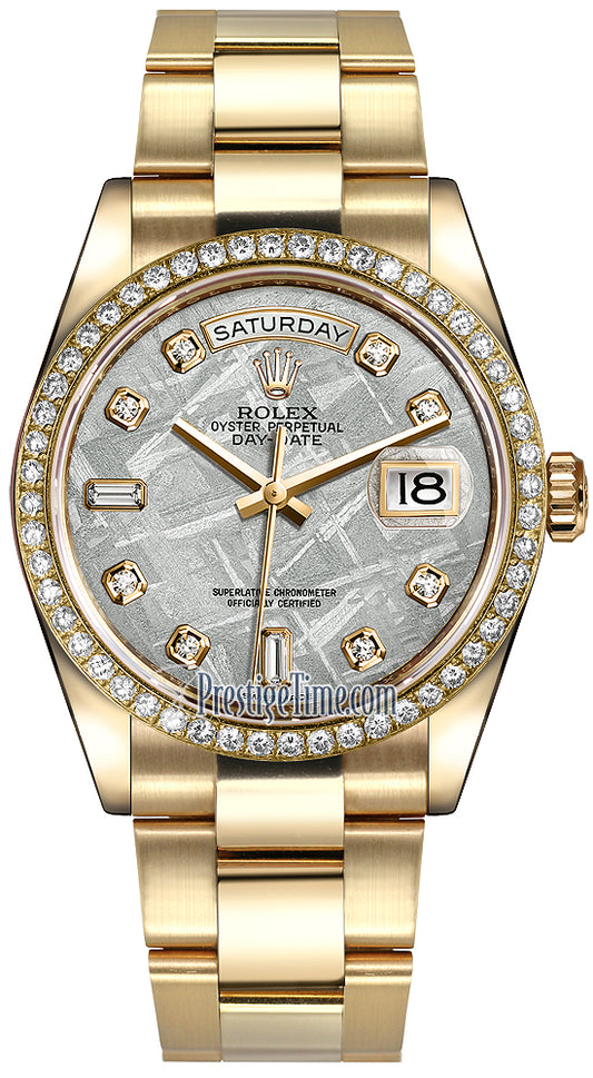 Rolex Day-Date 36mm Yellow Gold Diamond Bezel 118348 Meteorite Diamond Oyster