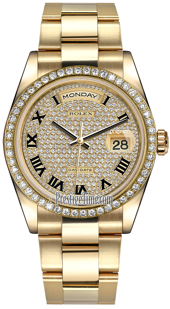 Rolex Day-Date 36mm Yellow Gold Diamond Bezel 118348 Pave Diamond Black Roman Oyster