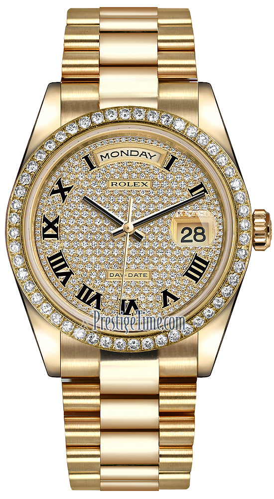 Rolex Day-Date 36mm Yellow Gold Diamond Bezel 118348 Pave Diamond Black Roman President