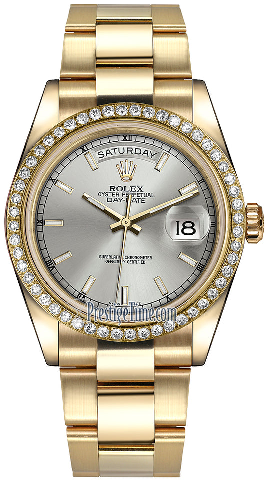 Rolex Day-Date 36mm Yellow Gold Diamond Bezel 118348 Silver Index Oyster