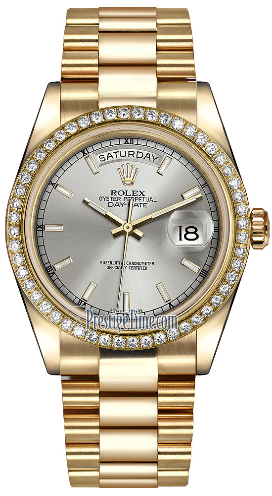 Rolex Day-Date 36mm Yellow Gold Diamond Bezel 118348 Silver Index President