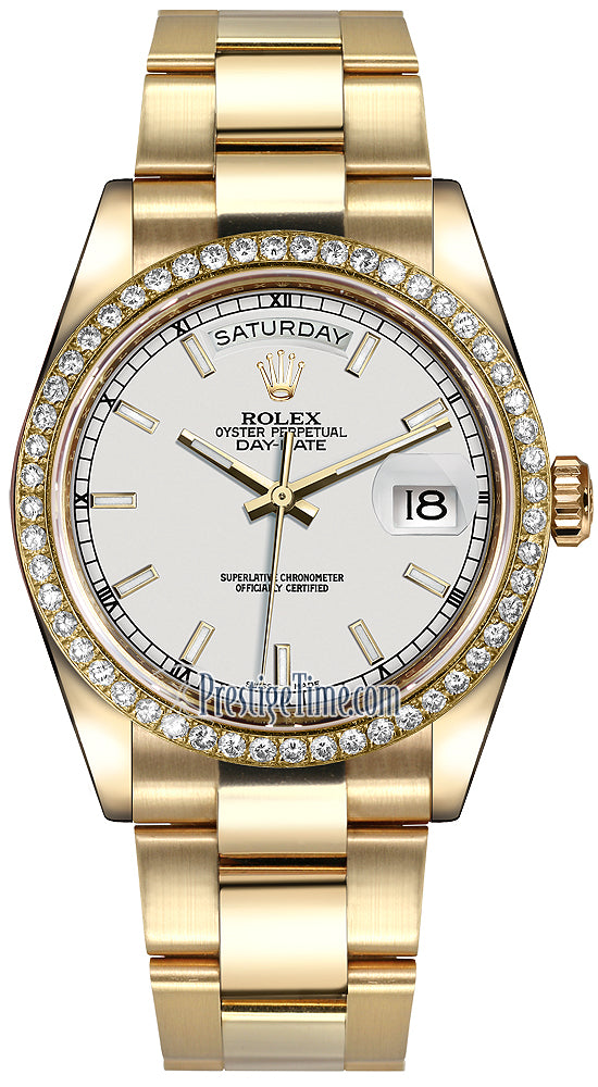 Rolex Day-Date 36mm Yellow Gold Diamond Bezel 118348 White Index Oyster