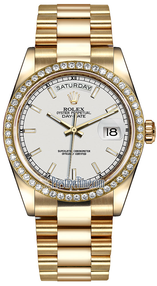 Rolex Day-Date 36mm Yellow Gold Diamond Bezel 118348 White Index President