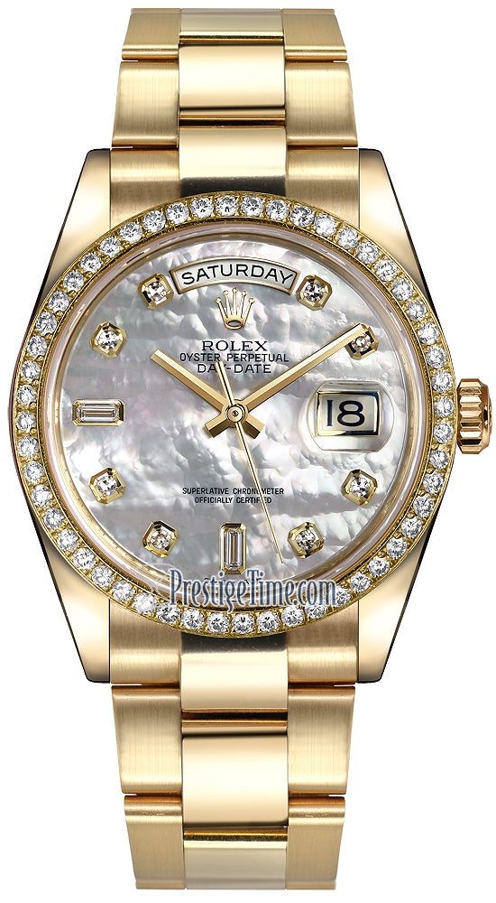 Rolex Day-Date 36mm Yellow Gold Diamond Bezel 118348 White MOP Diamond Oyster