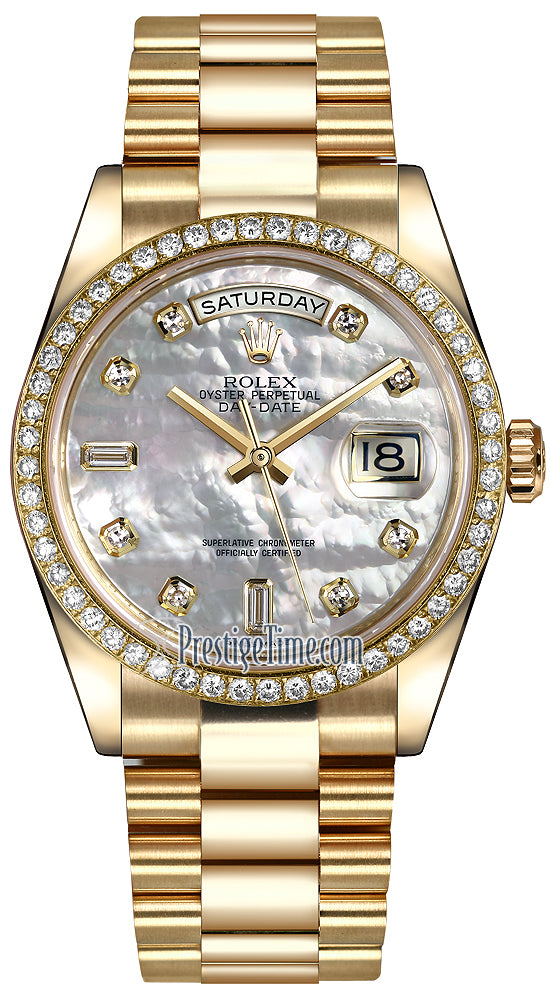 Rolex Day-Date 36mm Yellow Gold Diamond Bezel 118348 White MOP Diamond President