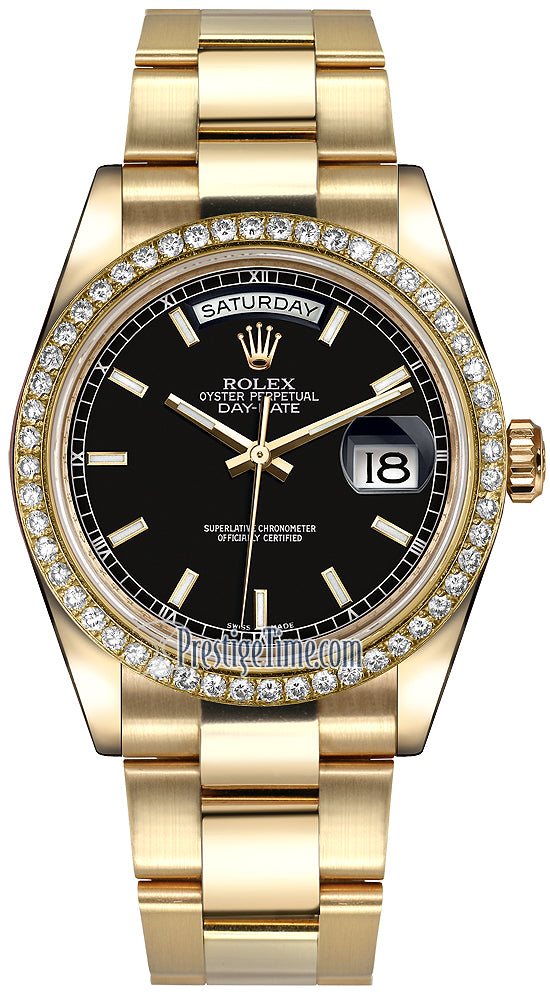 Rolex Day-Date 36mm Yellow Gold Diamond Bezel 118348 Black Index Oyster