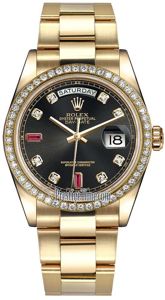 Rolex Day-Date 36mm Yellow Gold Diamond Bezel 118348 Black Diamond Ruby Oyster