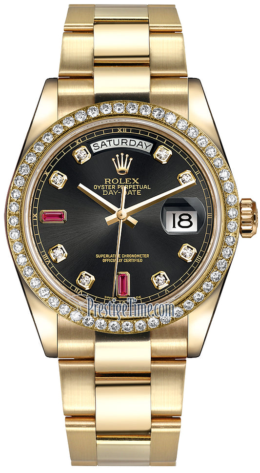 Rolex Day-Date 36mm Yellow Gold Diamond Bezel 118348 Black Diamond Ruby Oyster