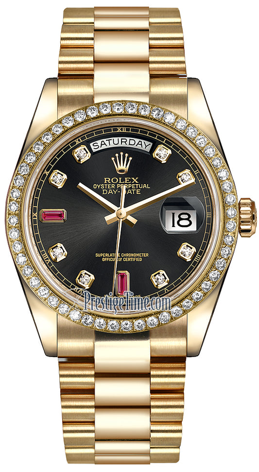 Rolex Day-Date 36mm Yellow Gold Diamond Bezel 118348 Black Diamond Ruby President