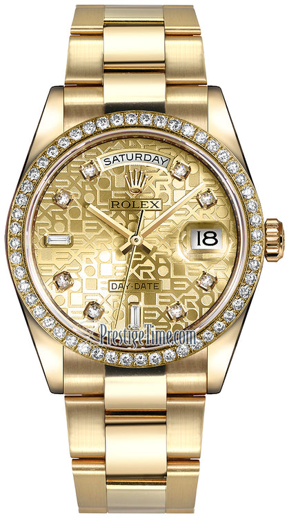 Rolex Day-Date 36mm Yellow Gold Diamond Bezel 118348 Champagne Jubilee Diamond Oyster