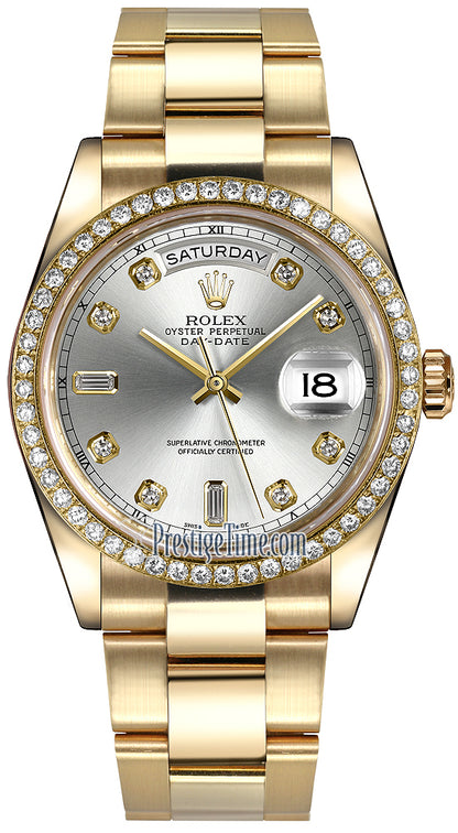 Rolex Day-Date 36mm Yellow Gold Diamond Bezel 118348 Silver Diamond Oyster