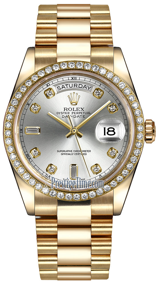 Rolex Day-Date 36mm Yellow Gold Diamond Bezel 118348 Silver Diamond President