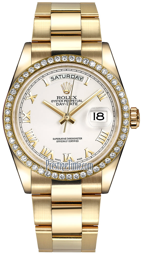 Rolex Day-Date 36mm Yellow Gold Diamond Bezel 118348 White Roman Oyster