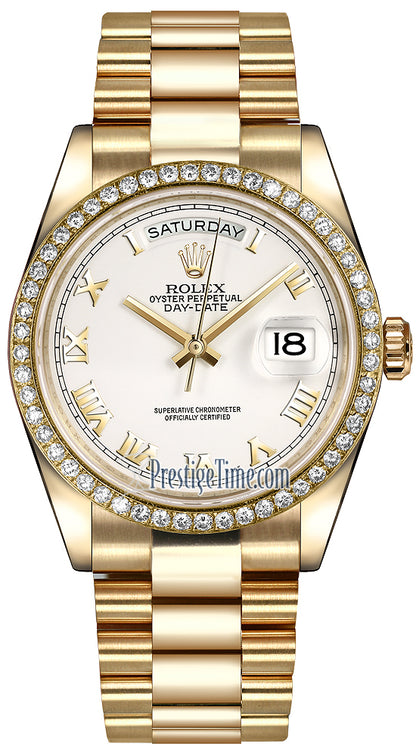 Rolex Day-Date 36mm Yellow Gold Diamond Bezel 118348 White Roman President