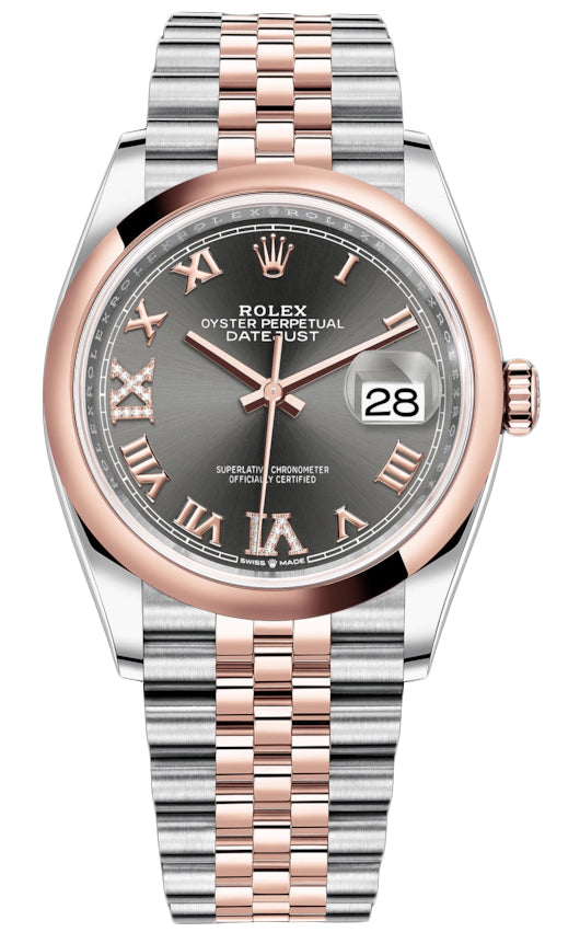 Rolex Datejust 36mm Stainless Steel and Rose Gold 126201 Dark Rhodium VI IX Roman Jubilee