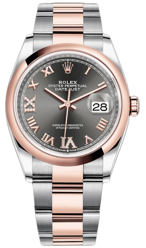 Rolex Datejust 36mm Stainless Steel and Rose Gold 126201 Dark Rhodium VI IX Roman Oyster