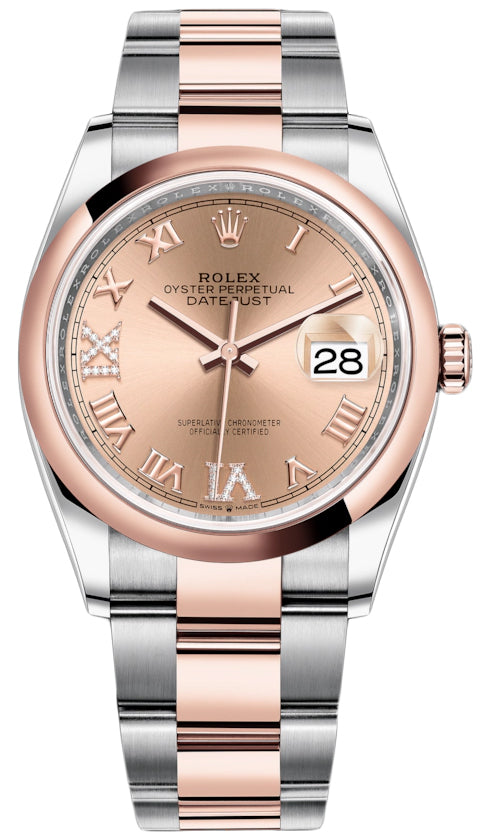 Rolex Datejust 36mm Stainless Steel and Rose Gold 126201 Rose VI IX Roman Oyster