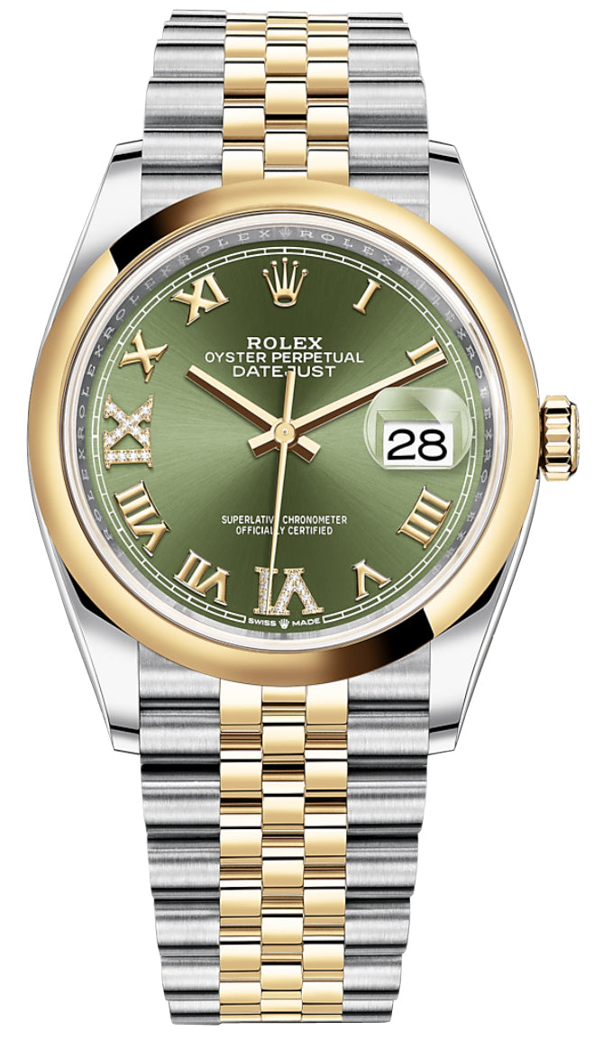 Rolex Datejust 36mm Stainless Steel and Yellow Gold 126203 Olive Green VI IX Roman Jubilee